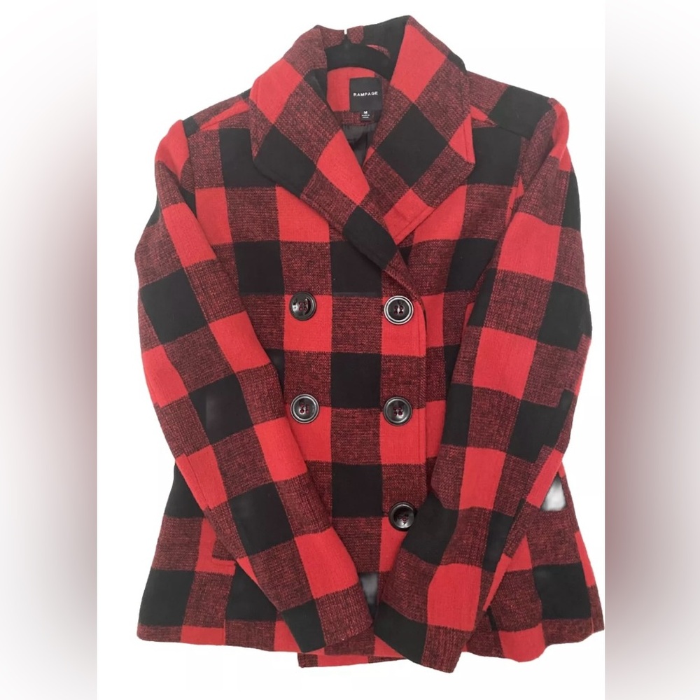 Rampage Red and Black Plaid Peacoat - Medium - NWT